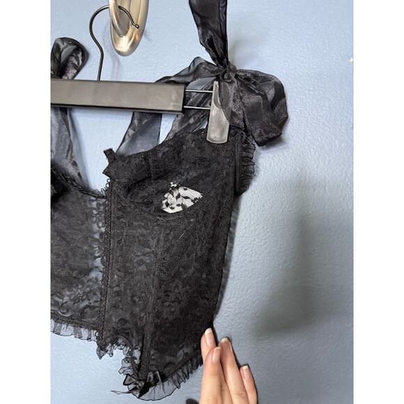 Lace Up Front Corset (Missing String) Bow Tie Shoulder Sheer Feminine Whimsygoth - Picture 4 of 6
